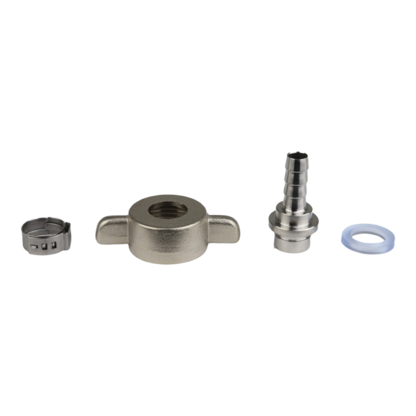 Beer hose connection set NW 7 / 5/8" wing nut with 90° bent hose tail 7 mm, seal and clamp
