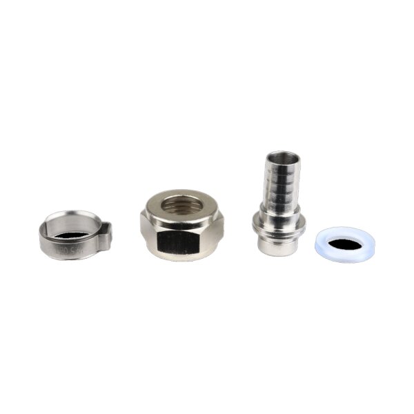 Bierschlauch-Anschluß NW10 / Sechskantmutter 5/8" mit gerade Tülle 10mm, Dichtung, Klemme