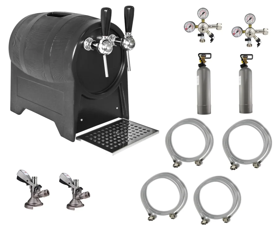 Zapfanlage „Partyfass“, 2-leitig, mit CO2-Flaschen, Druckminderern, Zapfköpfen und Schläuchen